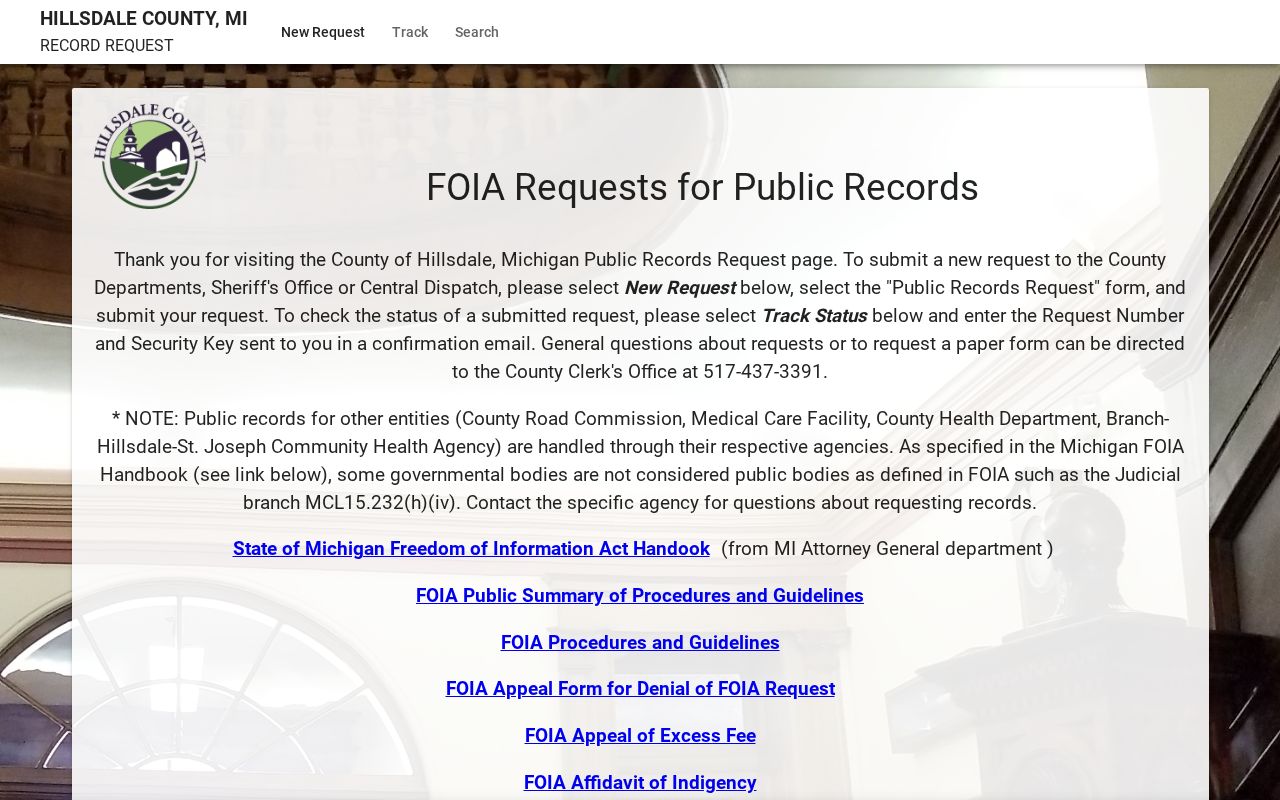 Hillsdale County arrest record and booking photo request portal