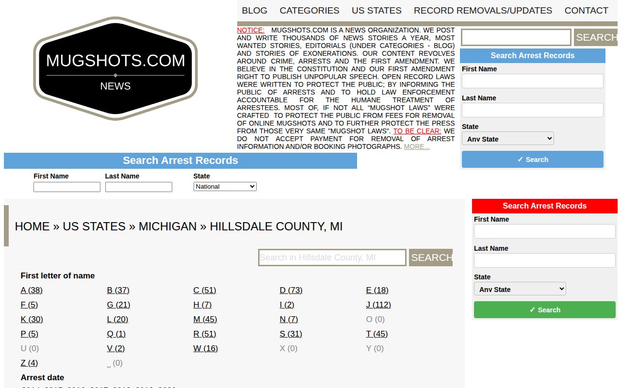Unofficial Mugshots.com Hillsdale County archive page